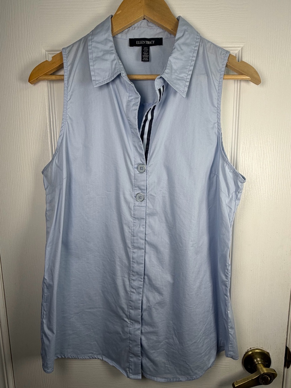 Ellen Tracy Pale Blue Sleeveless Button Down Shirt Women's M Cotton Blend Office